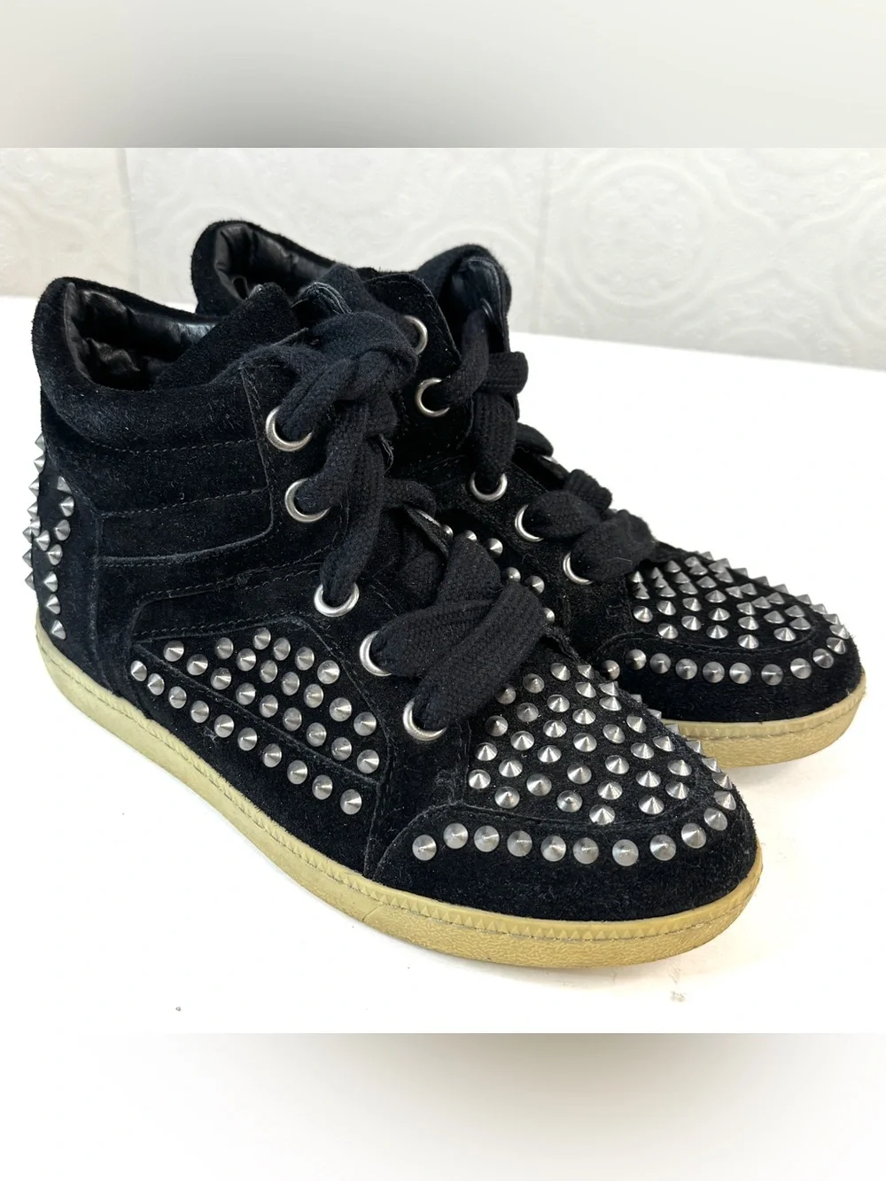 ASH Shoes Studded Spike Embellished Black Suede High Top Sneakers Size EU 35